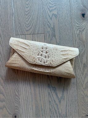 Beige Crocodile Envelope Clutch